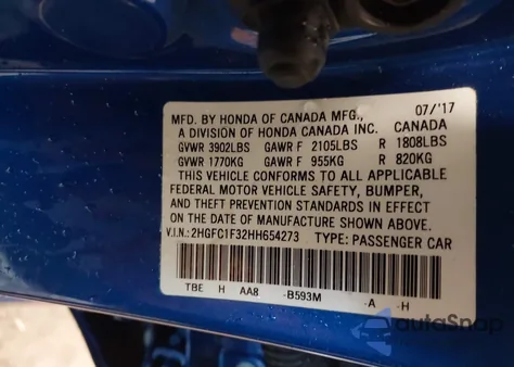 2017 Honda Civic Ex-T z USA, uszkodzony, nr VIN 2HGFC1F32HH654273